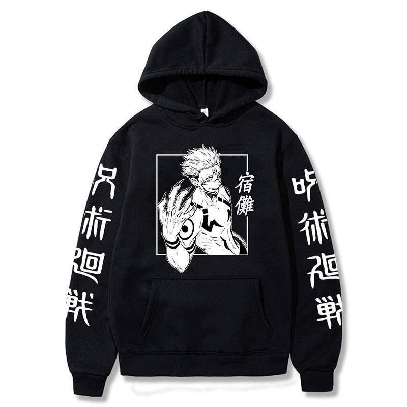 Japanische Anime lustige Sukuna gedruckte Grafiken Hoodies Winter Fleece Sport Shirt Japan Stil Jujutsu Kaisen Sweatshirts Harajuku Streetwear für Frauen XS schwarz von Joom DACH