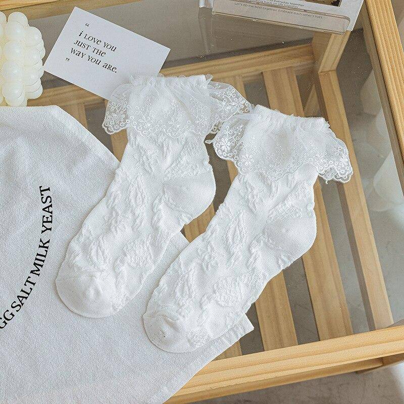 Japanische Kawaii süße weiße Socken JK Spitze Rüschen Rüschen Socken Frauen einfarbig süße Mädchen Studenten Lolita Stil Spitze Crew Socken von Joom DACH