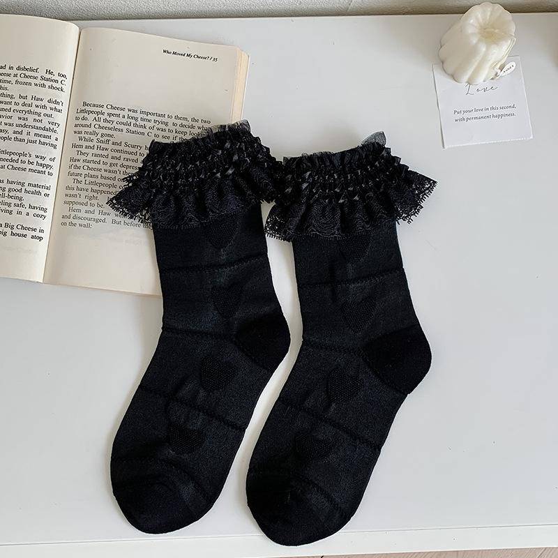 Japanische Kawaii süße weiße Socken JK Spitze Rüschen Rüschen Socken Frauen einfarbig süße Mädchen Studenten Lolita Stil Spitze Crew Socken von Joom DACH