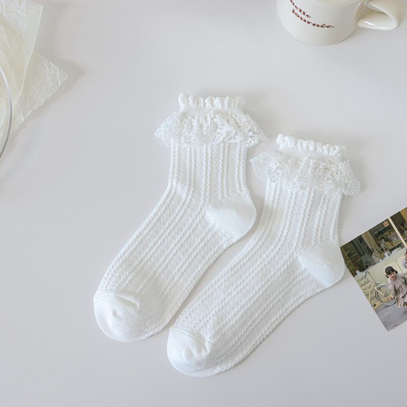 Japanische Kawaii süße weiße Socken JK Spitze Rüschen Rüschen Socken Frauen einfarbig süße Mädchen Studenten Lolita Stil Spitze Crew Socken von Joom DACH