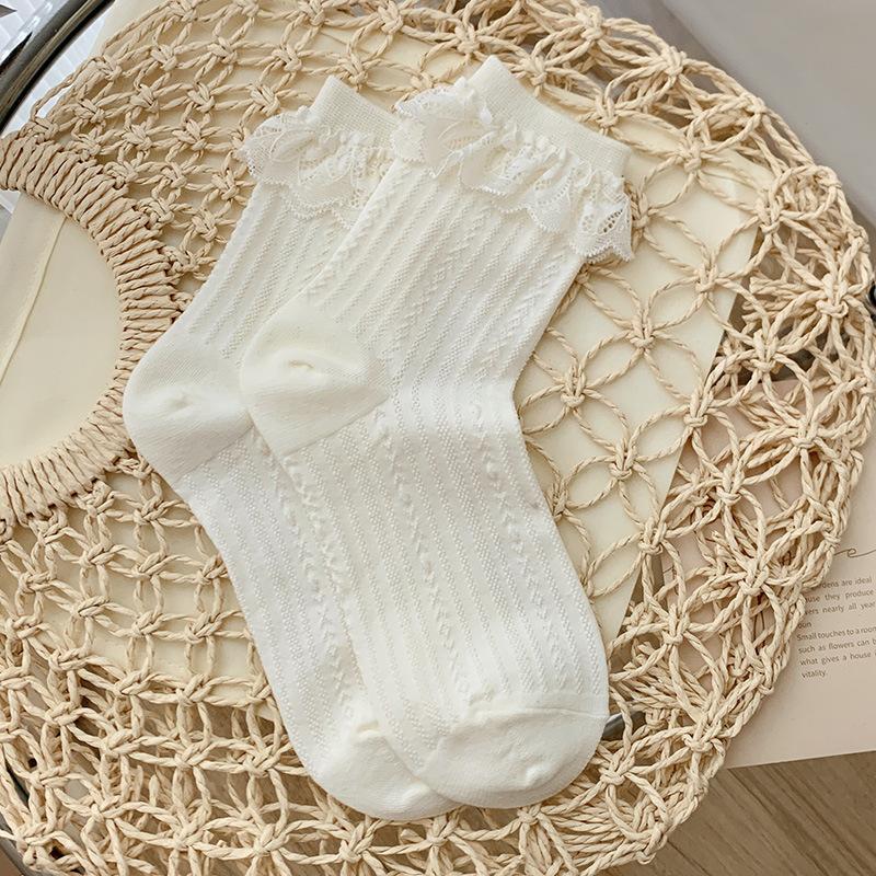 Japanische Kawaii süße weiße Socken JK Spitze Rüschen Rüschen Socken Frauen einfarbig süße Mädchen Studenten Lolita Stil Spitze Crew Socken von Joom DACH