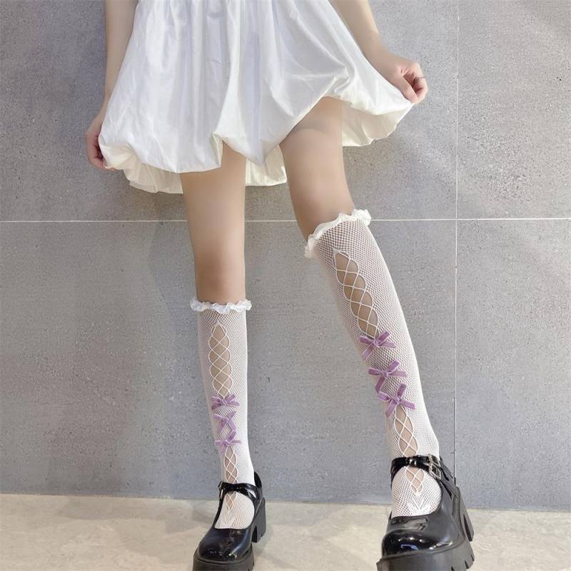 Japanische Retro-Frauenstrümpfe mit Rüschen, lange Socken, Lolita-Stil, weiße Spitze, kniehohe Socken, süße Mädchen, niedliche Schleife, Oberschenkelhohe Strümpfe One SizeOne Size von Joom DACH