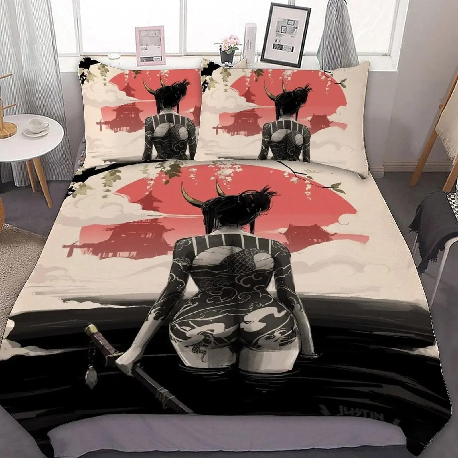 Japanische Samurai Bettwäsche Set King/Queen/Full Size Japan Sonnenuntergang Landschaft Gebäude Silhouette Polyester Bettbezug Männer Schwarz Rot EU Twin(135x200cm) von Joom DACH