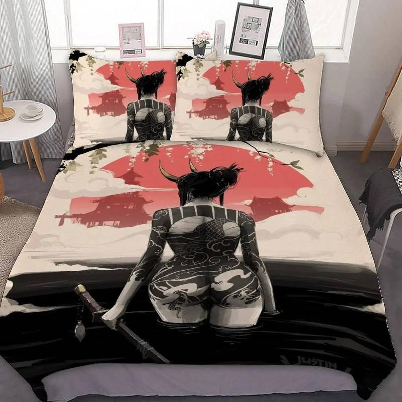 Japanische Samurai Bettwäsche Set King/Queen/Full Size Japan Sonnenuntergang Landschaft Gebäude Silhouette Polyester Bettbezug Männer Schwarz Rot EU Twin(135x200cm) von Joom DACH