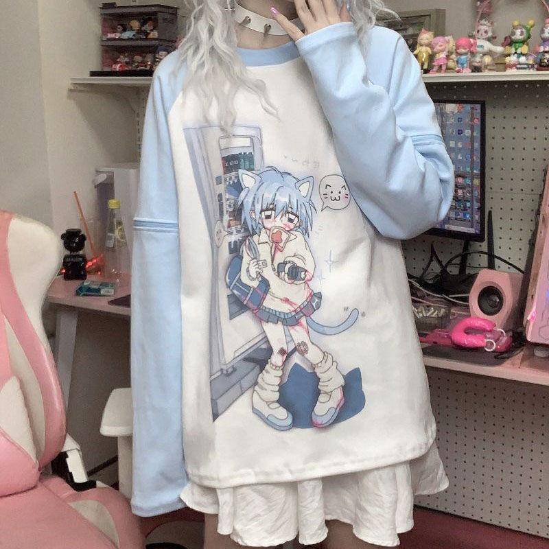 Japanische Y2k Shirts mit abnehmbaren Ärmeln Kurzarm Langarm T-Shirt für Mädchen Frühling Freizeit Kawaii Damen Oberteil M himmelblaue von Joom DACH