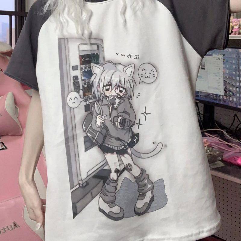 Japanische Y2k Shirts mit abnehmbaren Ärmeln Kurzarm Langarm T-Shirt für Mädchen Frühling Freizeit Kawaii Damen Oberteil S graue von Joom DACH