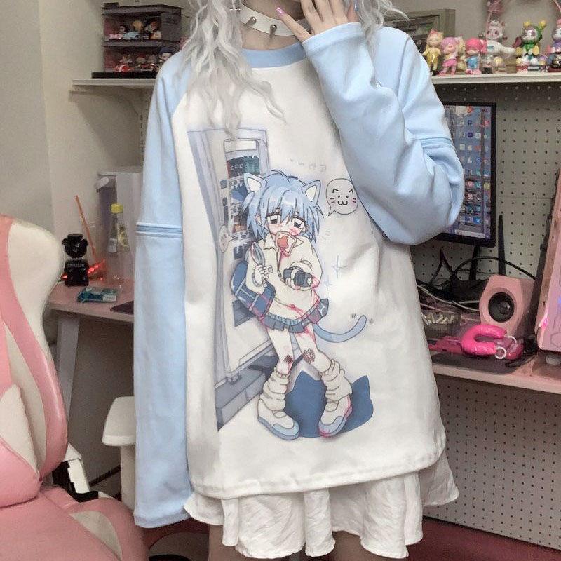 Japanische Y2k Shirts mit abnehmbaren Ärmeln Kurzarm Langarm T-Shirt für Mädchen Frühling Freizeit Kawaii Damen Oberteil S himmelblaue von Joom DACH