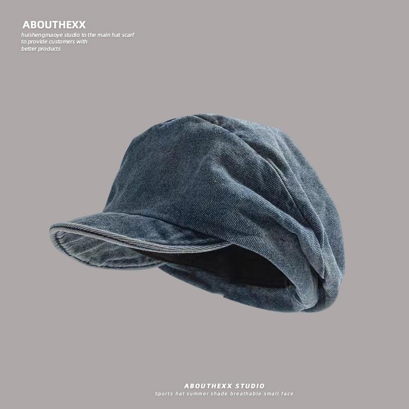 Japanische gewaschene alte Denim plissierte Baskenmütze für Damen Retro All-Match Gesicht zeigend kleiner Maler achteckige Mütze Schiebermütze M（56-60cm） von Joom DACH
