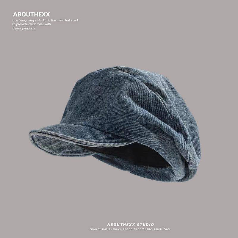 Japanische gewaschene alte Denim plissierte Baskenmütze für Damen Retro All-Match Gesicht zeigend kleiner Maler achteckige Mütze Schiebermütze M（56-60cm） von Joom DACH