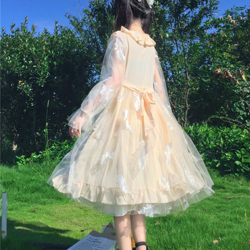 Japanische süße Lolita Kleid Frauen Mesh Langarm Feder Stickerei Bogen Rüschen Fee Kleid Sommer Mädchen Party Kostüme One Size von Joom DACH