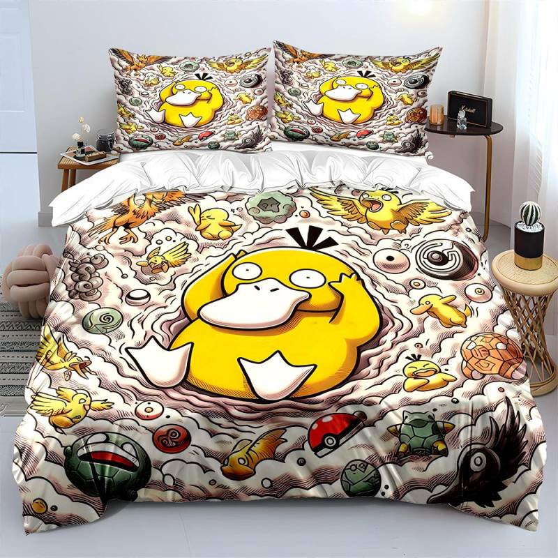 Japanischer Anime Pokemon Enton Bedrucktes Bettwäscheset Bettbezug 1 Bettbezug 2 Kissenbezüge Erwachsene und Kinder Bettwäscheset Luxus AU Single 140X210cm von Joom DACH