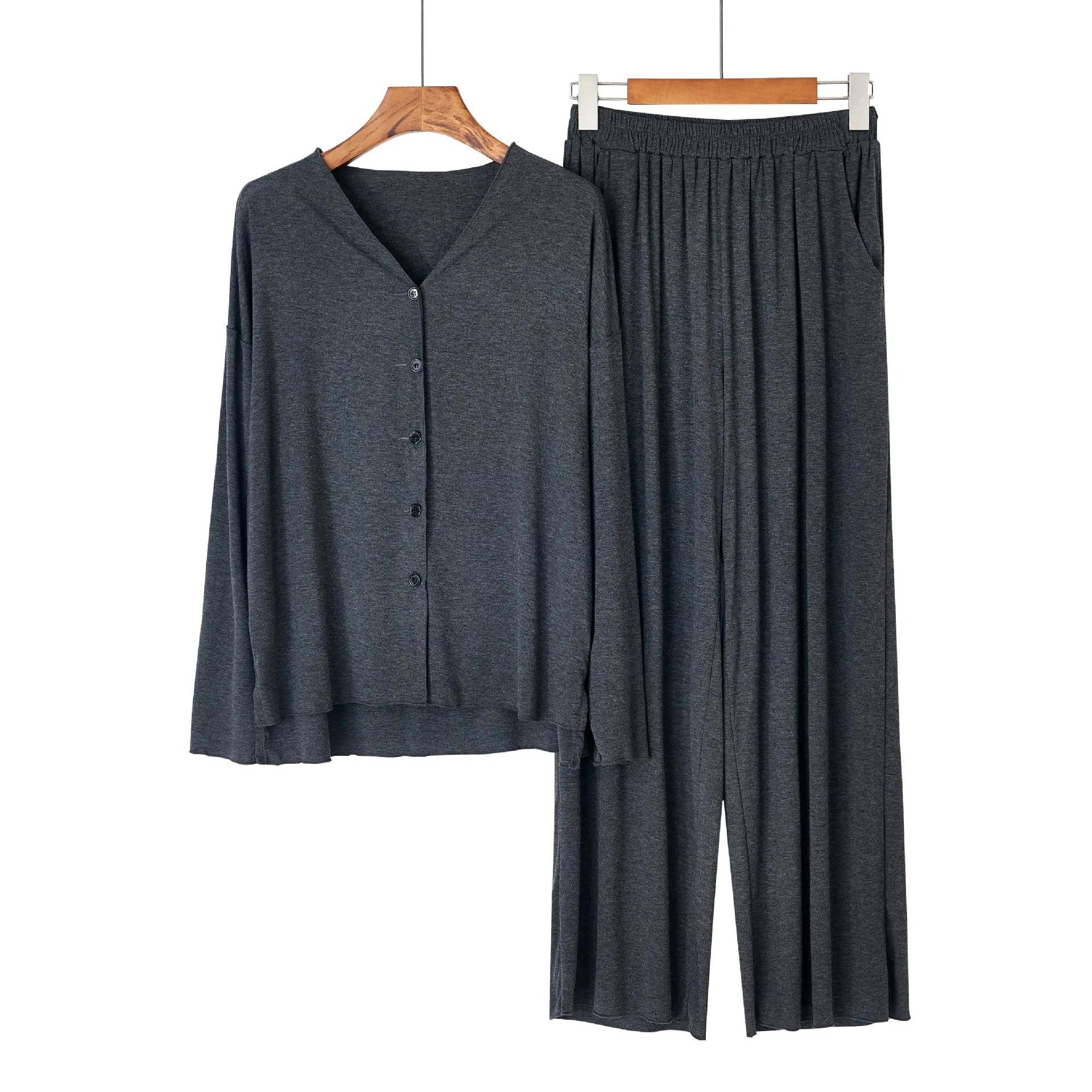 Japanischer Baumwoll-Pyjama-Anzug im neuen Stil für Damen, Frühlings- und Herbst-Strickjacke, einfarbig, langärmelige Hose, Home-Service-Anzug One Size von Joom DACH
