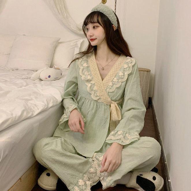 Japanischer Kimono-Pyjama für Damen, Frühling, Herbst, Loungewear-Anzug, Spitze, V-Ausschnitt, süße Prinzessin, Oberbekleidung, Heimkleidung, 2-teiliges Set 2XL grün von Joom DACH