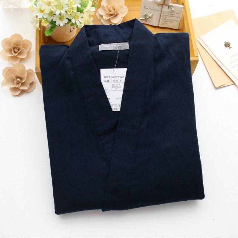 Japanischer Kimono-Pyjama für Herren im Frühling und Sommer, zweilagiges Baumwollgaze-Pyjama-Set im langärmeligen Kimono L navy blau von Joom DACH