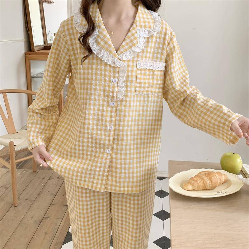 Japanischer Stil Frühling Herbst Pyjama Set Damen 100% Baumwolle Langarm Hose Zweiteilig Kariert Gedruckt Spitze Hausbekleidungsset XL von Joom DACH