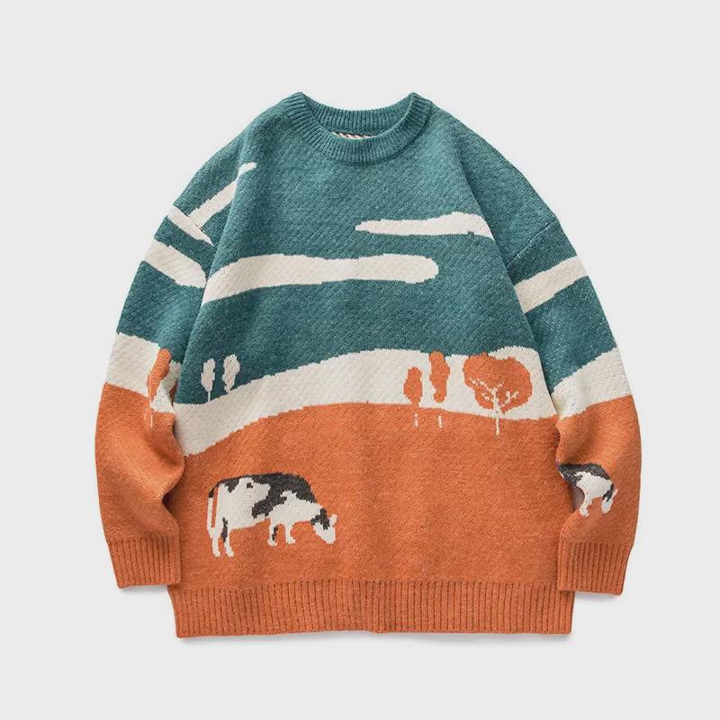 Japanischer Trendiger Literarischer Stil Herren Strickpullover mit Kuh-Motiv L von Joom DACH