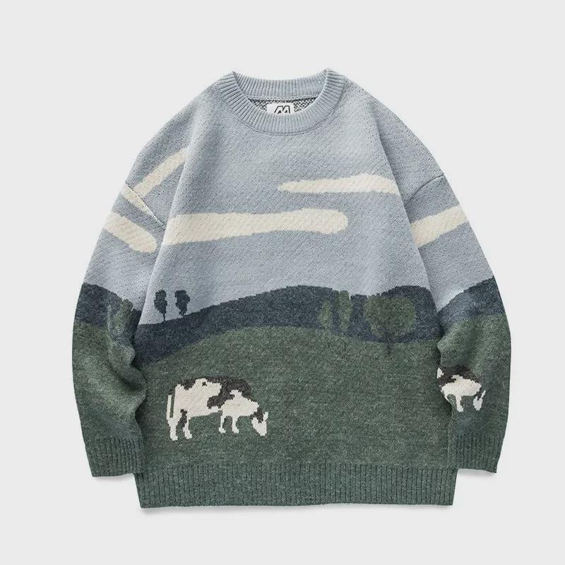 Japanischer Trendiger Literarischer Stil Herren Strickpullover mit Kuh-Motiv M von Joom DACH