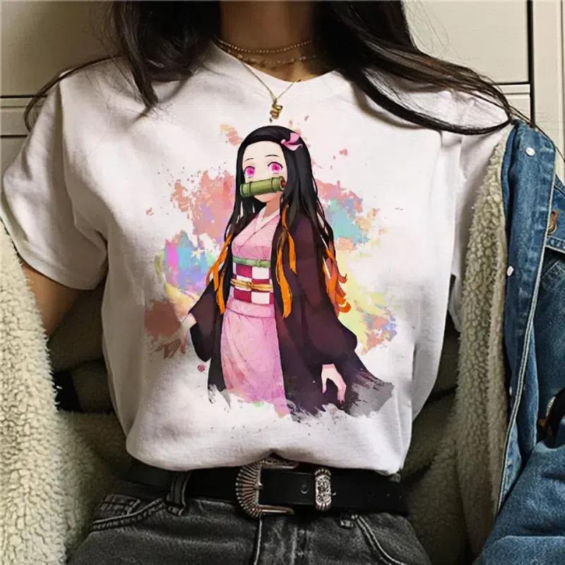 Japanisches Anime-T-Shirt Demon Slayer Oversize Damenbekleidung Nezuko Kawaii Tees Tanjirou O-Ausschnitt Grafik Damen-T-Shirt Manga-Tops L von Joom DACH