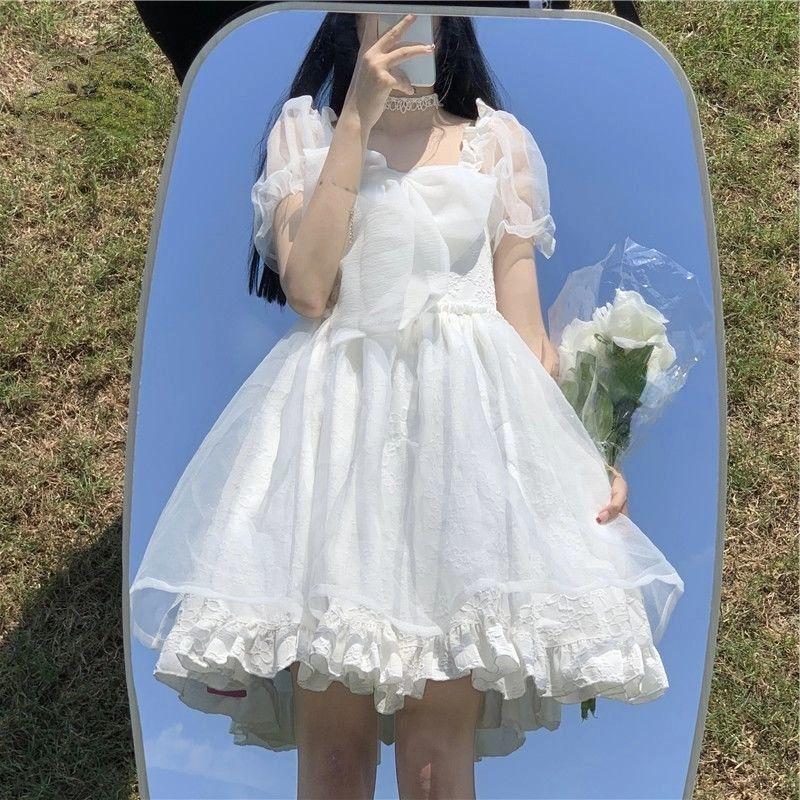 Japanisches süßes süßes Mädchen-Lolita-Kleid mit Puffärmeln, weißes Kawaii-Tutu-Prinzessinnenkleid, Lolita-Feenkleid, koreanisches weißes Kleid L weiß von Joom DACH