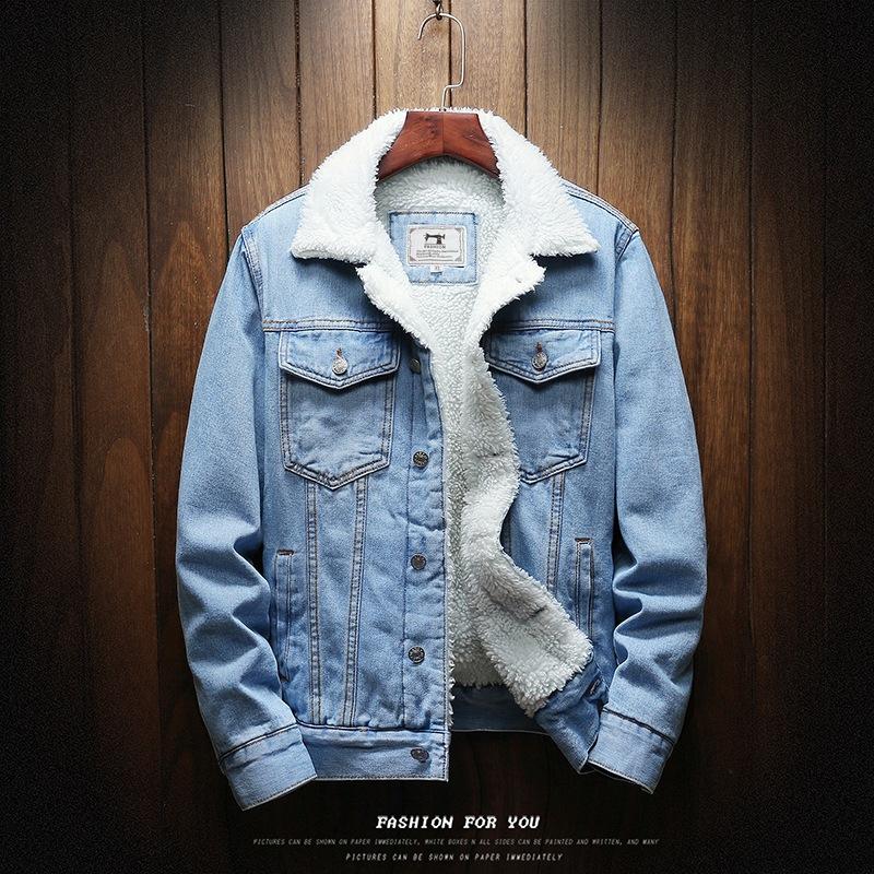 Jean Jacke Männer Dicke Streetwear Denim Bomber Jacken Mantel Männlich Vintage Blau Herren Outwear Plus Samt Einreiher Windschutz XXL blau von Joom DACH