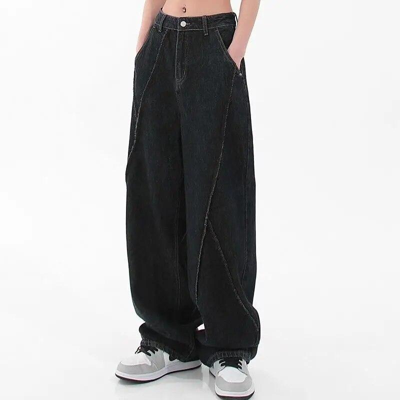 Jeans Damen Casual Baggy Jeans Lose Nähte Design High Street Schwarz Gerade Hosen Y2k Boyfriend Denim Hosen S-5XL M schwarz von Joom DACH