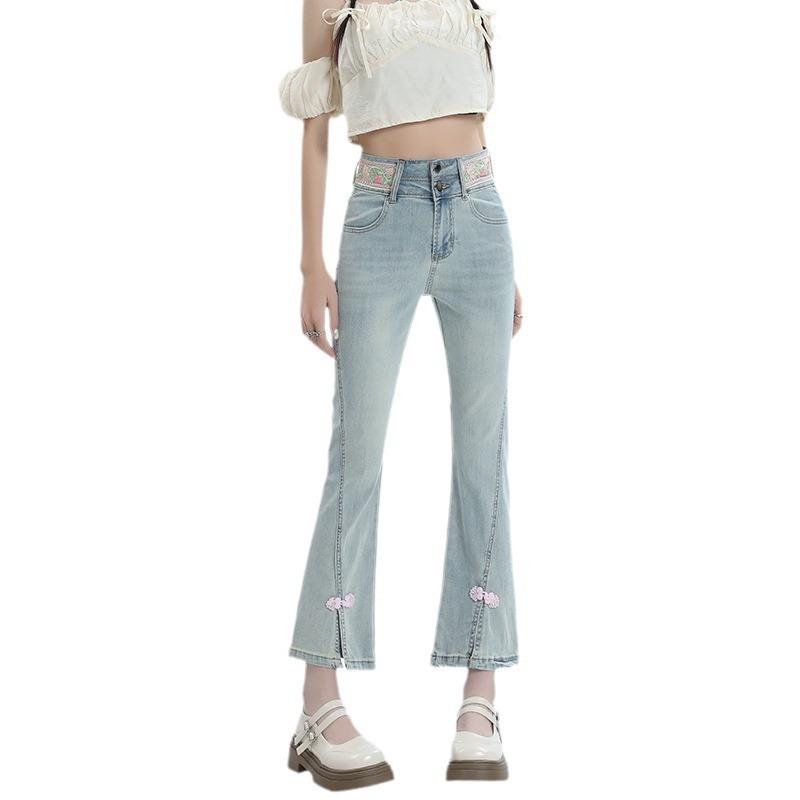 Jeans Damen Sommer Dünn Bestickt Schlitz Schlaghose Damen Sommer Kleine Hufeisen Neun-Punkt-Hose XL von Joom DACH