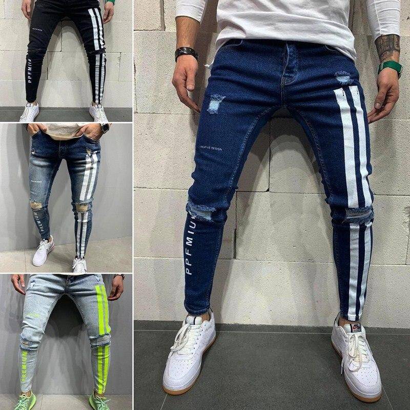 Jeans Herren Skinny Striped Zipper Denim Hole Wash Vintage Hip Hop Arbeitshose Slim Printed Jeans Europäische Große Größe S dunkelblaue von Joom DACH