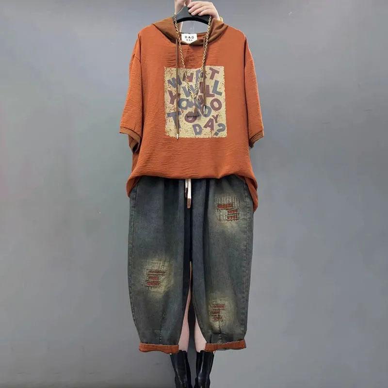 Jeans Set Damen Denim Hose Zweiteiliges Set Locker Übergröße Freizeitanzug Damenmode Kapuzenbedruckte Jeanssets XXXXL orange von Joom DACH