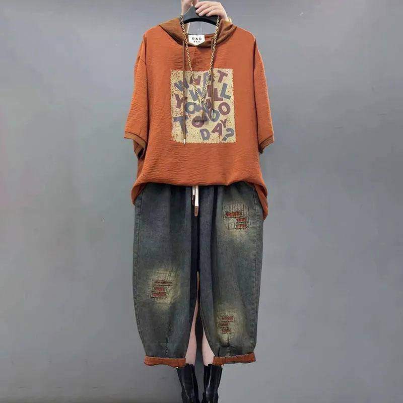 Jeans Set Damen Denim Hose Zweiteiliges Set Locker Übergröße Freizeitanzug Damenmode Kapuzenbedruckte Jeanssets XXXXL orange von Joom DACH