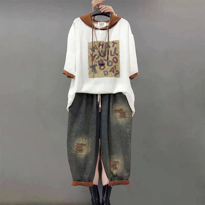 Jeans Set Damen Denim Hose Zweiteiliges Set Locker Übergröße Freizeitanzug Damenmode Kapuzenbedruckte Jeanssets XXXXL weiß von Joom DACH