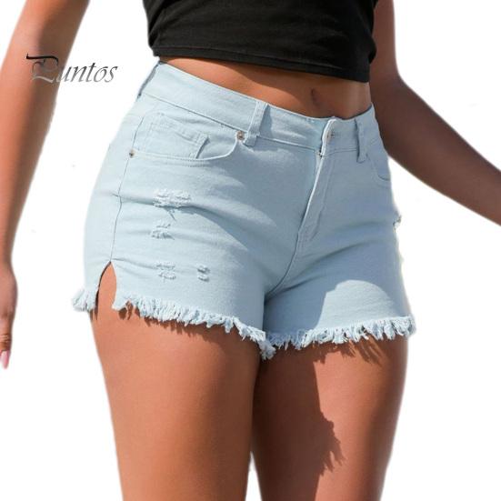 Jeans-Shorts für Damen, Sommer, zerrissener Rand, mehrere Taschen, einfarbig, Knopfverschluss, schmale Passform, hohe Taille, weich, atmungsaktiv, für den Pendelverkehr, Party, Club XL himmelblaue von Joom DACH