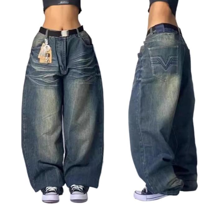 Jeans für Damen, Y2K, amerikanischer Harajuku, Retro, verwaschene, lockere Jeans, Street Fashion, lässige Gothic-Hose mit hoher Taille für Männer und Frauen S blau von Joom DACH