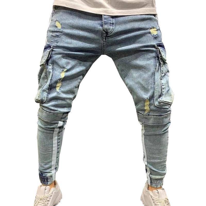 Jeans für Herren, ausgefranste Hose, zerrissene Denim-Röhrenhose, Taschen-Zerstört, männlich, schmale Passform XL blau von Joom DACH