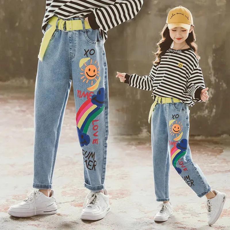 Jeans für Teenager Mädchen Jungen Kinder 8 12 Jahre Hochwertige Freizeithose mit Graffiti-Malerei-Druck und Regenbogen-Cartoon-Hose 150 blau von Joom DACH