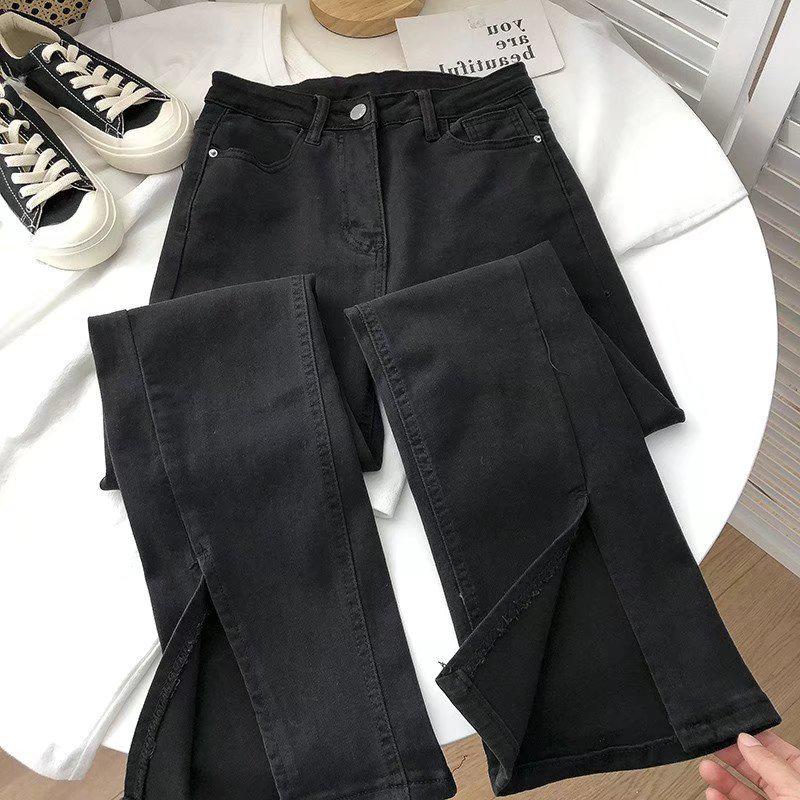 Jeans mit hohem Bund und weitem Bein im koreanischen Stil mit Schlitzen am Saum - Schlaghosen für Damen für Frühling und Sommer Small schwarz von Joom DACH