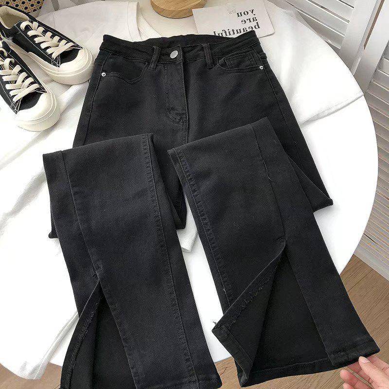 Jeans mit hohem Bund und weitem Bein im koreanischen Stil mit Schlitzen am Saum - Schlaghosen für Damen für Frühling und Sommer Small schwarz von Joom DACH