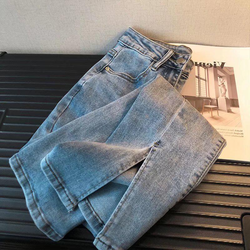 Jeans mit hohem Bund und weitem Bein im koreanischen Stil mit Schlitzen am Saum - Schlaghosen für Damen für Frühling und Sommer Small hellblaue von Joom DACH