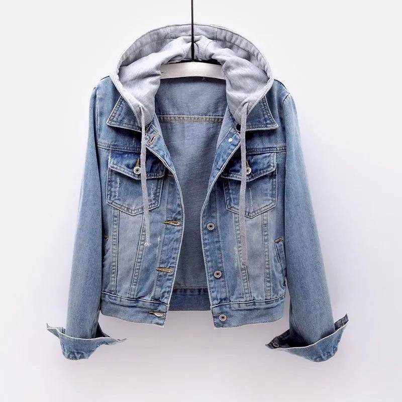Jeansjacke Damen Herbst und Winter Mit Kapuze Freizeitjacke Student Kurzes Oberteil S hellblaue von Joom DACH