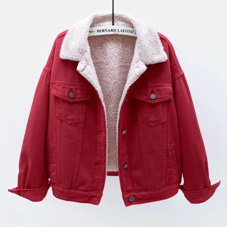 Jeansjacke Damen Plus Samt Verdickung 2021 Winter Lose Lammwolle Baumwolljacke Kurz Gepolsterte Jacke Werkzeugoberteil XL rot von Joom DACH