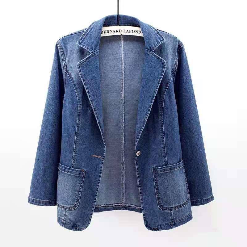 Jeansjacke Damen Schlanke und Dünne Anzugkragen Einfarbige Strickjacke Mit Knopf 4XL von Joom DACH