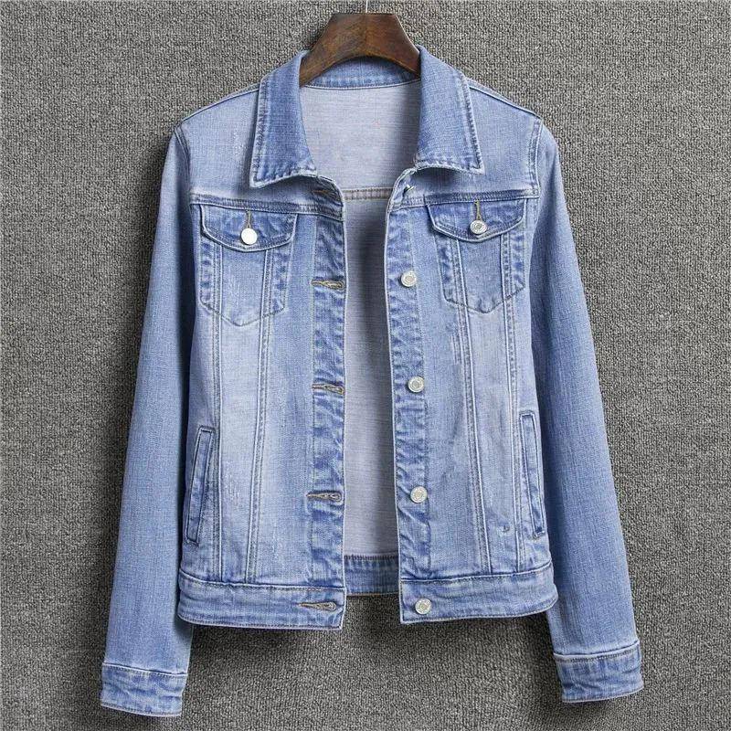 Jeansjacke Damen Übergröße 5XL Basic Jeansjacke Mäntel Bleichmittel Vollärmelig Einreihig Damen XL blau von Joom DACH