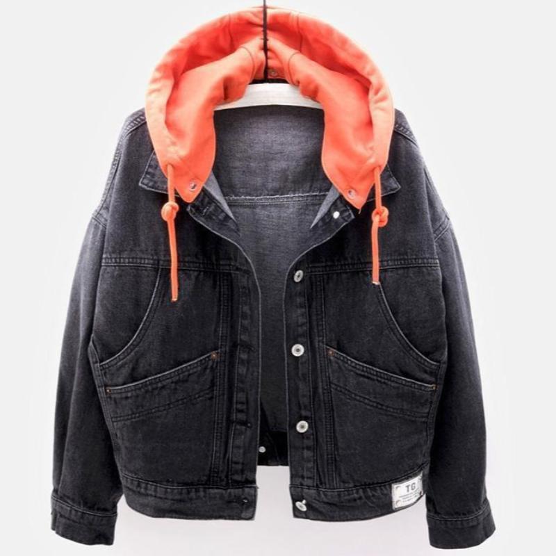 Jeansjacke Damen im koreanischen Stil, lockerer Kurzmantel, langärmelige Kapuzenjacke, mehrere Taschen, All-Match-Oberteile 3XL schwarz von Joom DACH