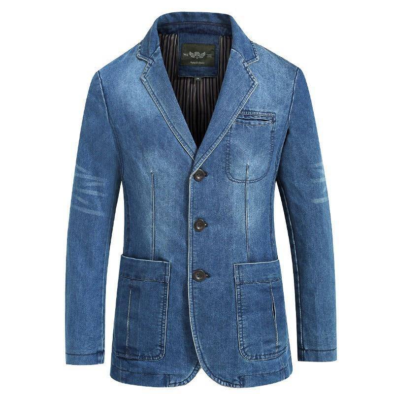 Jeansjacke Herren Blazer Jacke Slim Fit Militärjacke Einreihiger Jeansmantel mit Umlegekragen XXXXL blau von Joom DACH