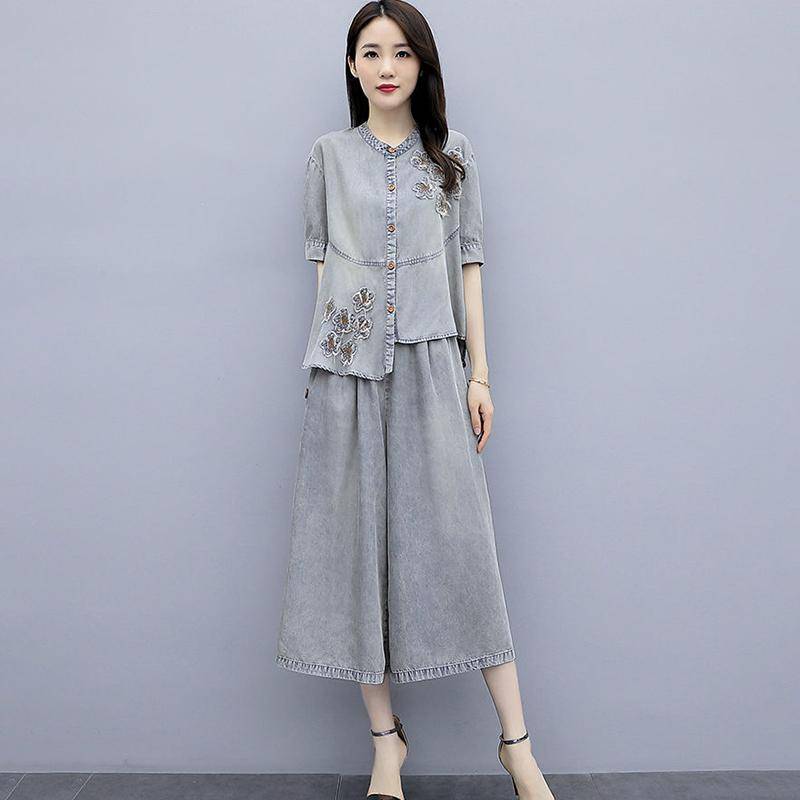 Jeansjacke im Ethno-Stil für Damen, Hose mit weitem Bein, zweiteiliger Anzug, Jeansanzug im chinesischen Temperament, Dekoration mit gesticktem Muster XL von Joom DACH