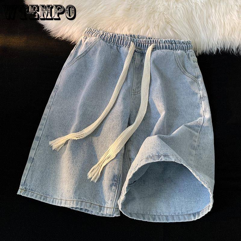Jeansshorts Sommer Gewebte Shorts mit Kordelzug Herren Dünnschnitt Lässig Retro Locker Große Yards mit Fünf Punkten 3XL blau von Joom DACH