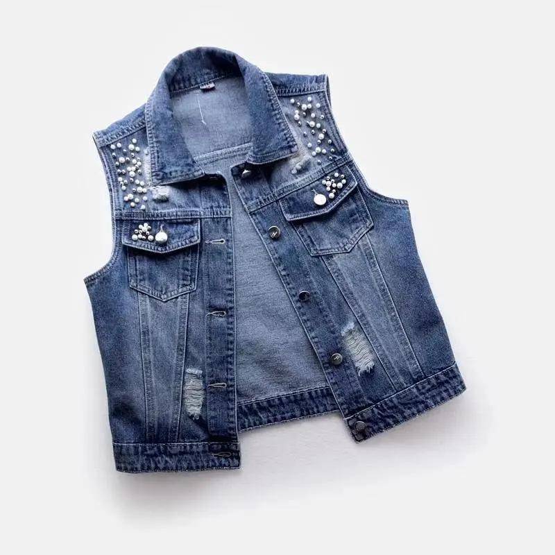 Jeansweste für Damen, kurze, zerrissene, ärmellose Jacke mit Perlen, passend zu schmalen Oberteilen XXXL blau von Joom DACH