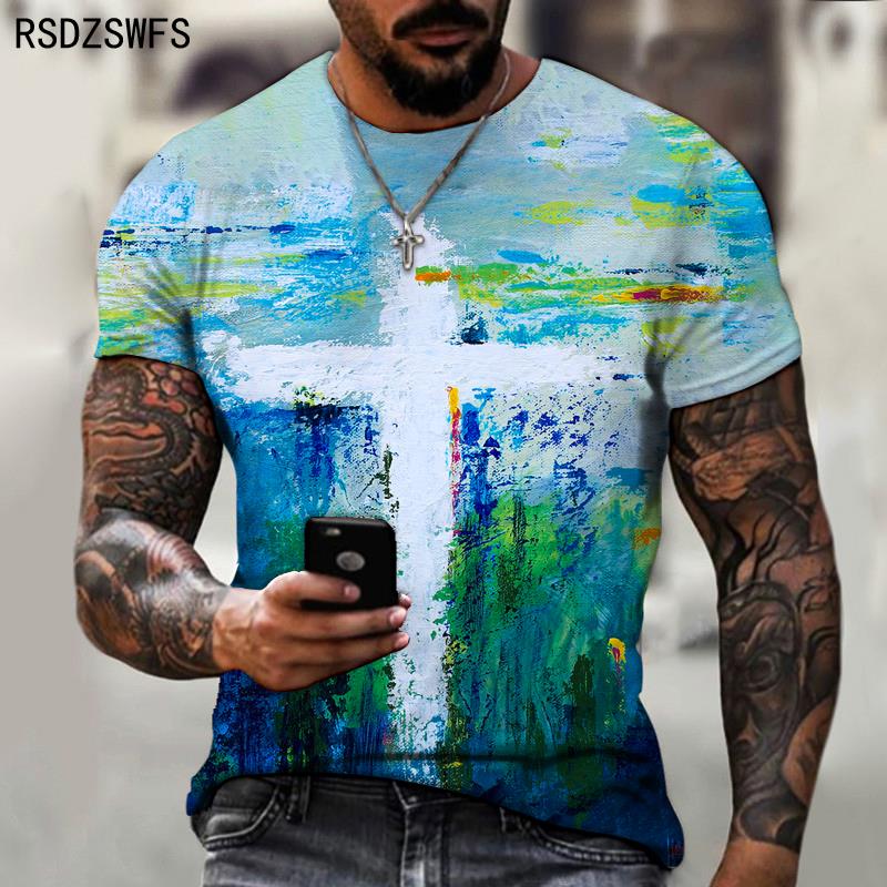 Jesus Kreuz Street Graffiti Stil Herren 3D-Druck T-Shirt Mode Freizeit Trend Kurzarm Kleidung Herren Oversized T-Shirts L von Joom DACH
