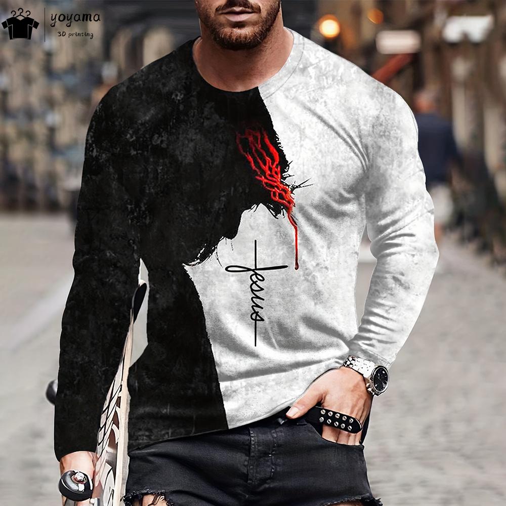 Jesus-Musterdruck Herrenbekleidung Mode-T-Shirt Männer Langarm-T-Shirts mit Jesus-Grafik Harajuku Street-T-Shirts für Männer Tops 4XL von Joom DACH