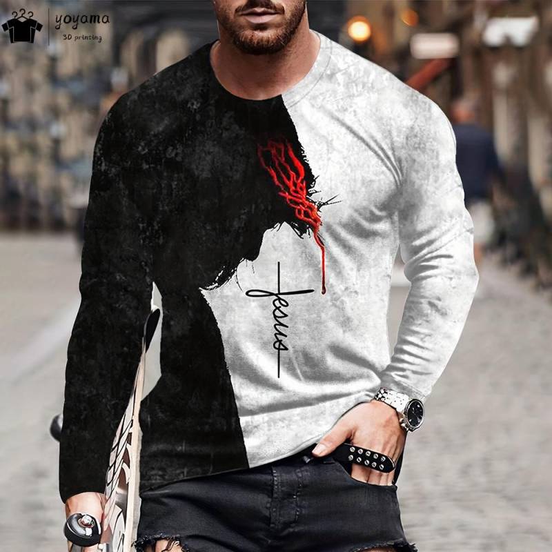 Jesus-Musterdruck Herrenbekleidung Mode-T-Shirt Männer Langarm-T-Shirts mit Jesus-Grafik Harajuku Street-T-Shirts für Männer Tops 4XL von Joom DACH