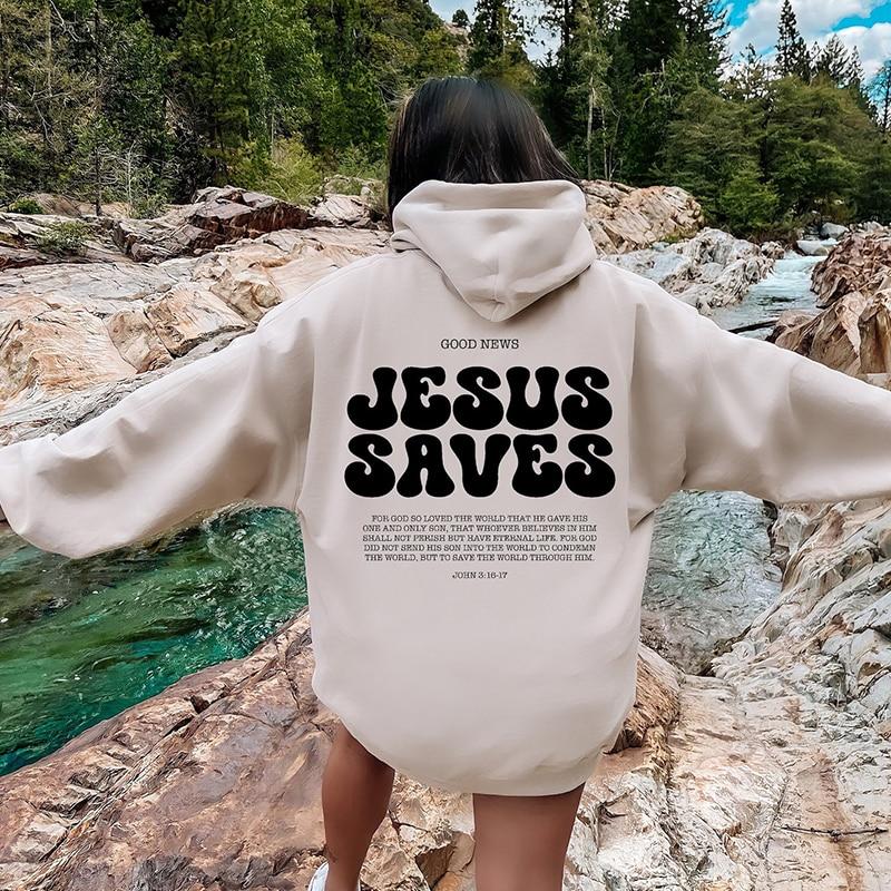 Jesus rettet Sweatshirt, christliche Sweatshirts, Glaube, Top, Jesus-Hoodie, Bibelverse, Rundhals-Sweatshirt, Damen-Grafik-Pullover-Oberteile L hellbraun von Joom DACH